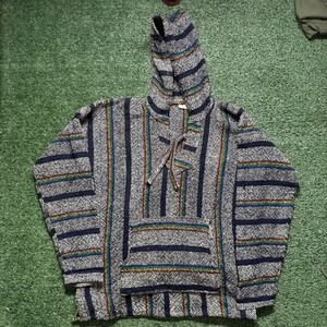 Vintage Baja Hoodie Mexican Pullover Poncho Striped Navy Rainbow Size XL 23x29